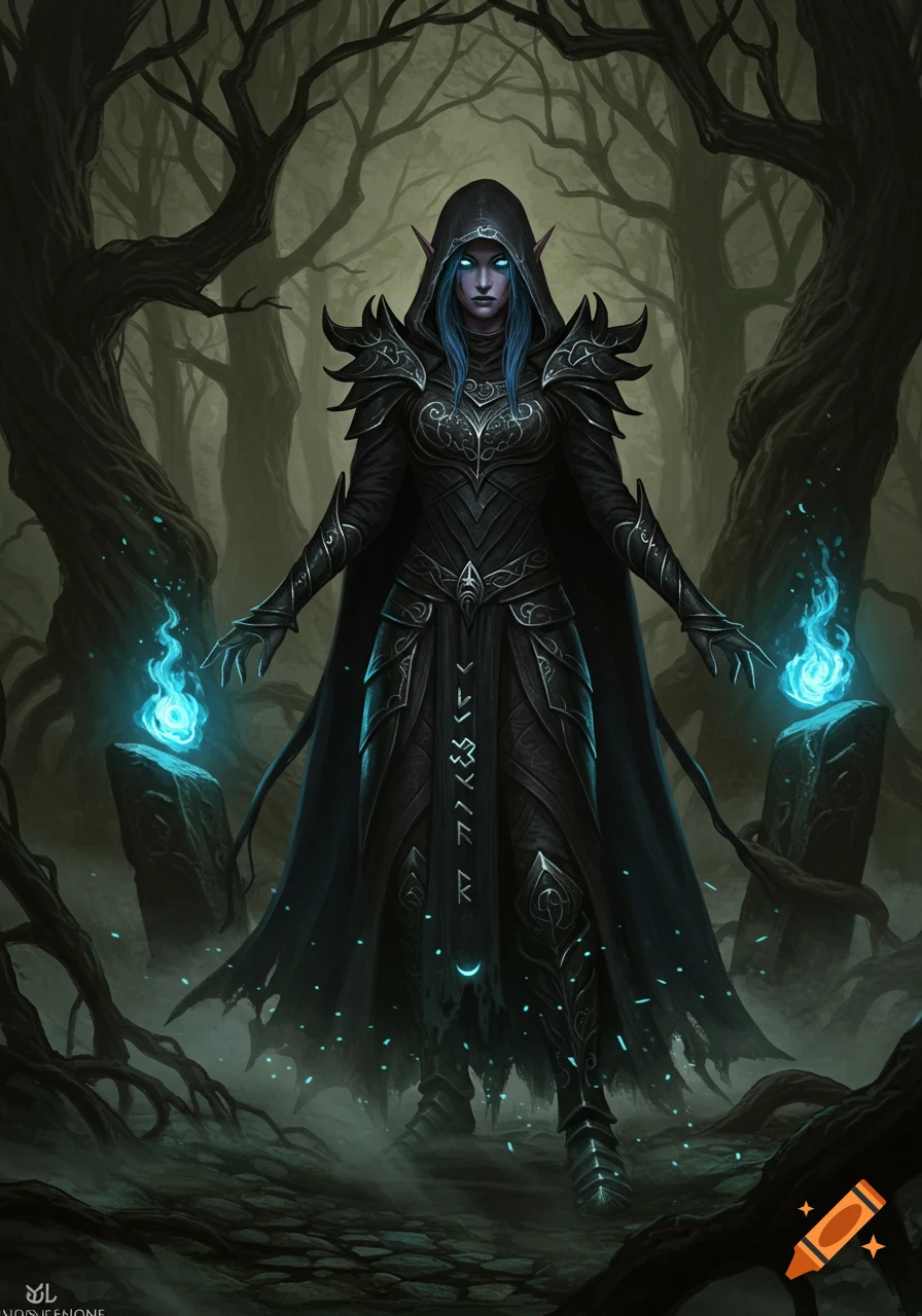 A dark elf sorceress with glowing blue eyes and hair stands in a misty, gnarled forest, conjuring blue fire.