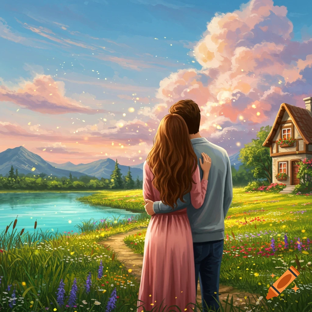 An illustrated couple embraces, viewing a tranquil lake, wildflower meadow, and cottage under a pastel sky with golden specks.