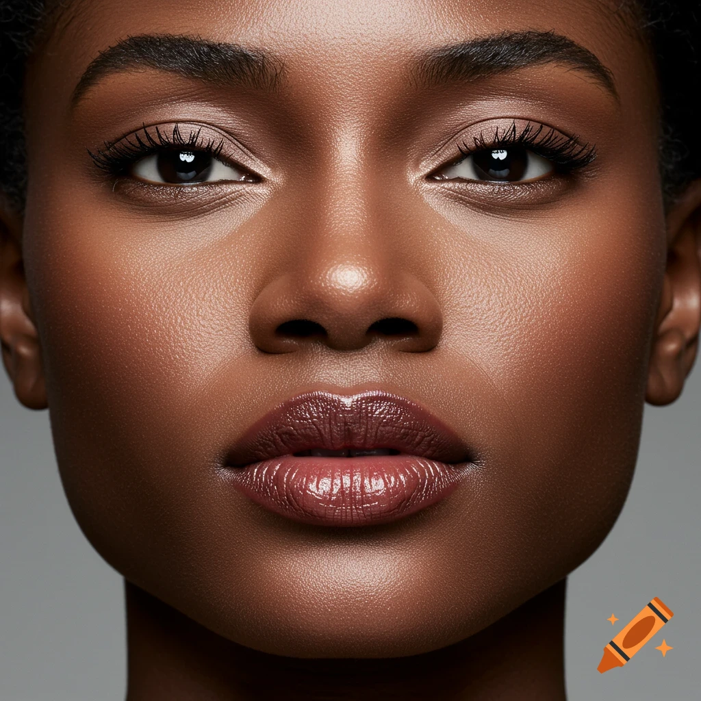 Close-up portrait of a woman with dark skin, dark eyes, and glossy, full plum-colored lips, against a blurred gray background.