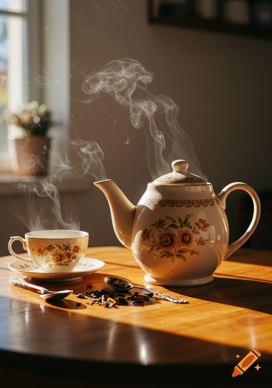 A vintage floral teapot and matching teacup with steam rising, next to loose tea leaves and spoons on a sunlit wooden table.