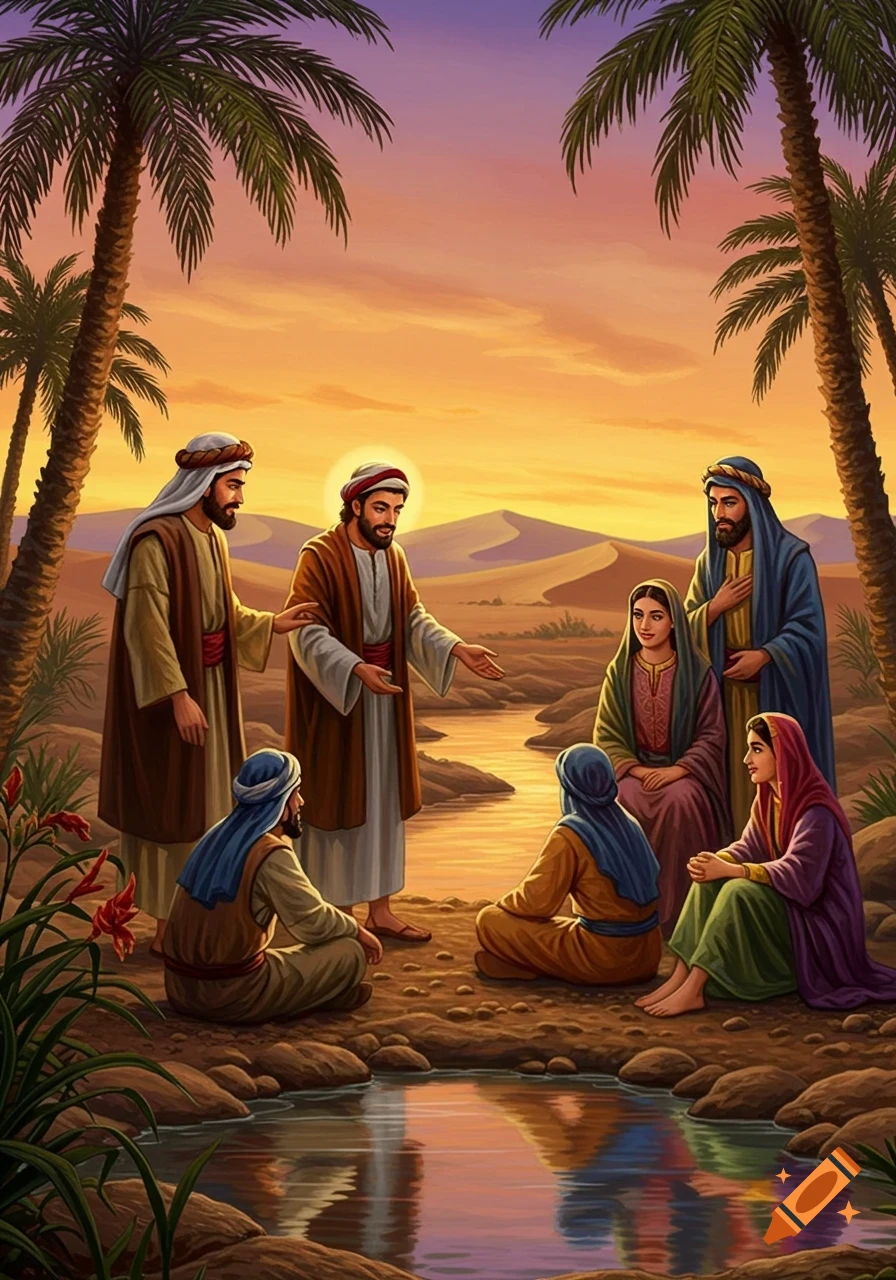 A prophet-like figure with a halo teaches a group of followers by a water source in a desert oasis with palm trees at sunset, in an illustrative style.