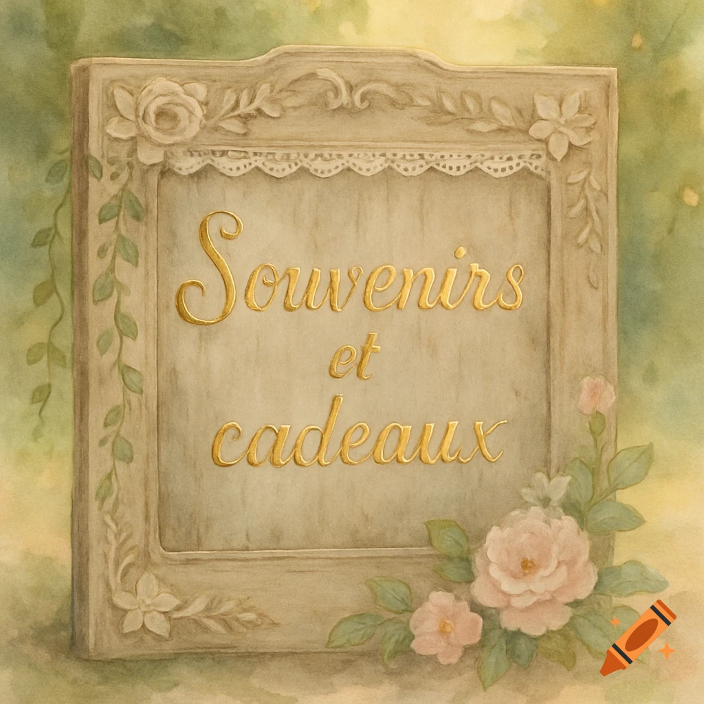 A watercolor illustration of a decorative beige board inscribed with "Souvenirs et cadeaux," framed with intricate floral carvings and pink roses.