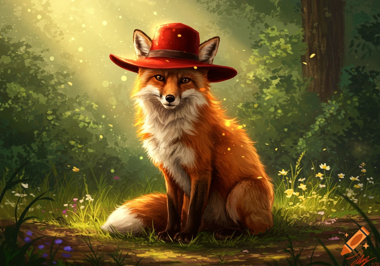 A cute fox in a red hat sits in a sunlit forest, a whimsical digital painting.