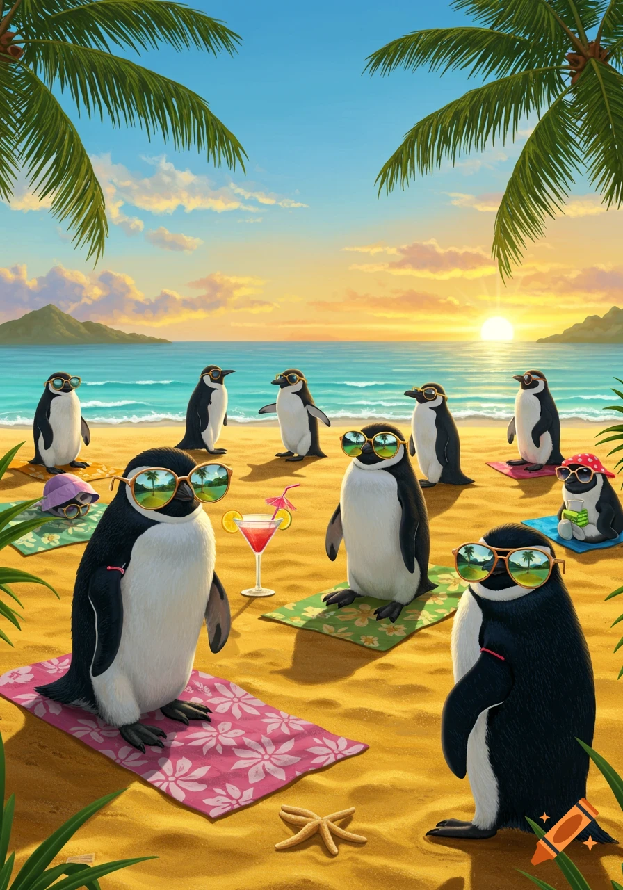 Multiple cartoon penguins wearing sunglasses relax on a tropical beach with palm trees and a sunset.
