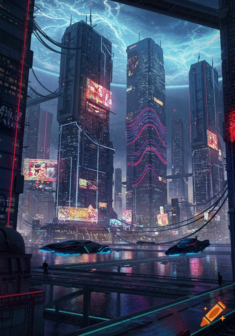 A vibrant, futuristic cityscape at night with towering skyscrapers, glowing neon lights, and sleek hovercrafts on a waterway.