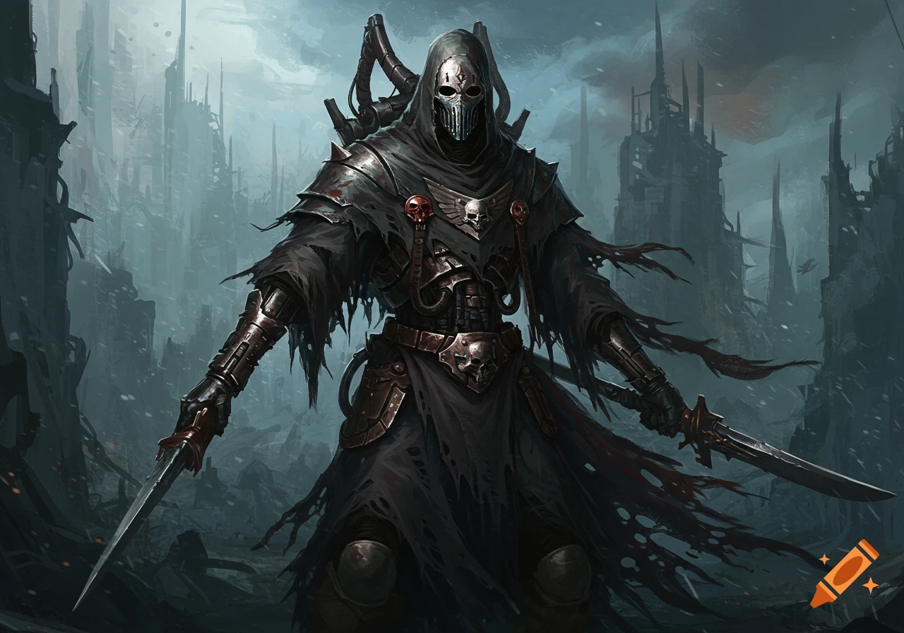 A grimdark armored warrior in a tattered robe and a metal mask, holding two swords, stands in a ruined gothic city.