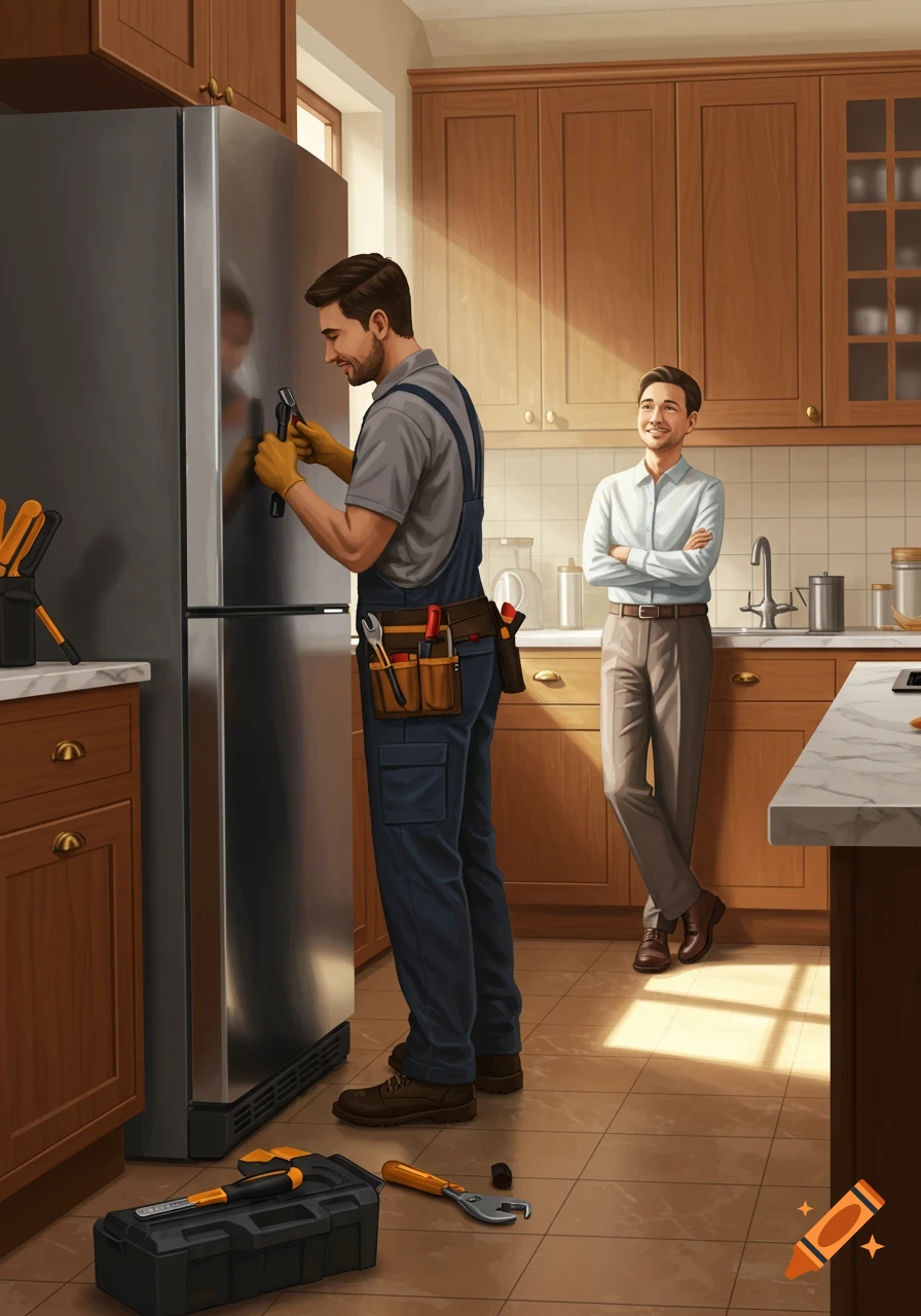 A repairman in blue overalls and yellow gloves fixes a stainless steel refrigerator in a well-lit kitchen, observed by a smiling client.