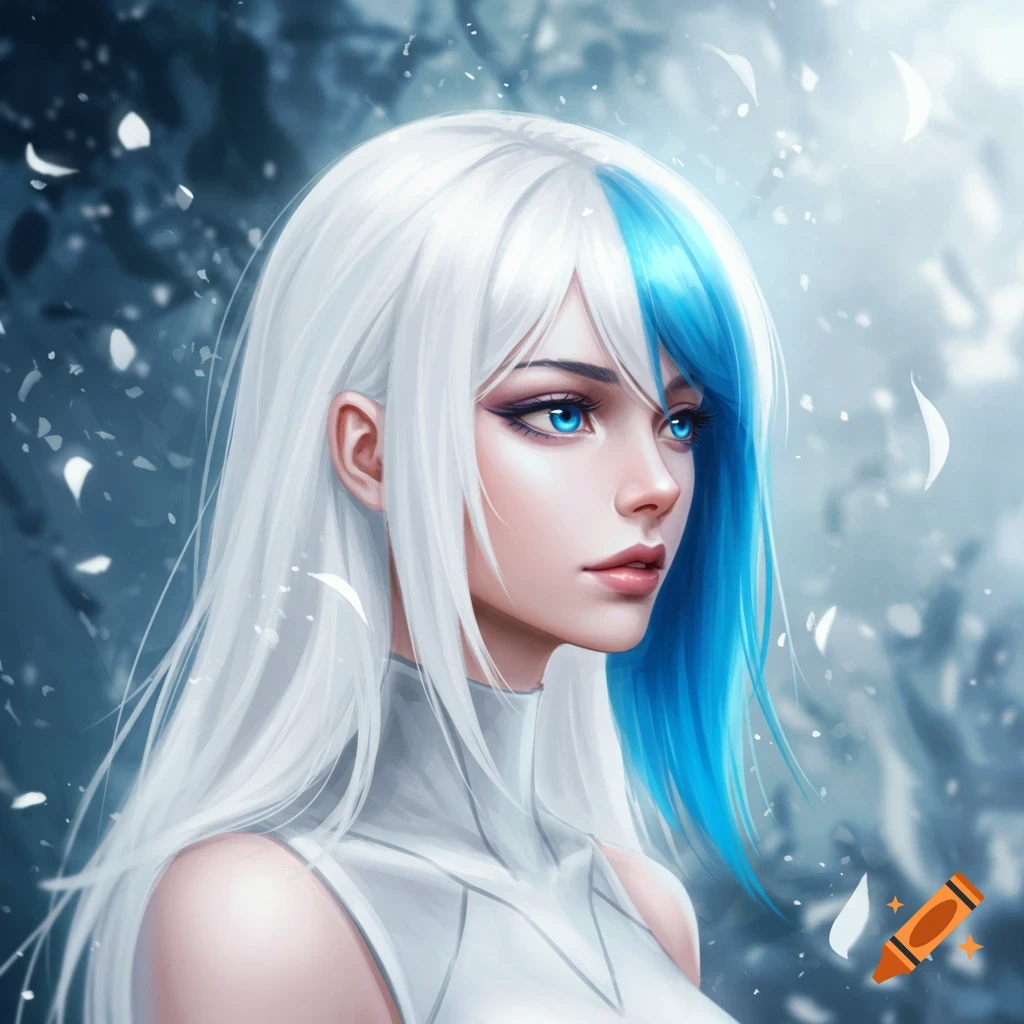 Digital art portrait of a young woman with long white hair, a blue streak, blue eyes, and pail skin, against a snowy background.