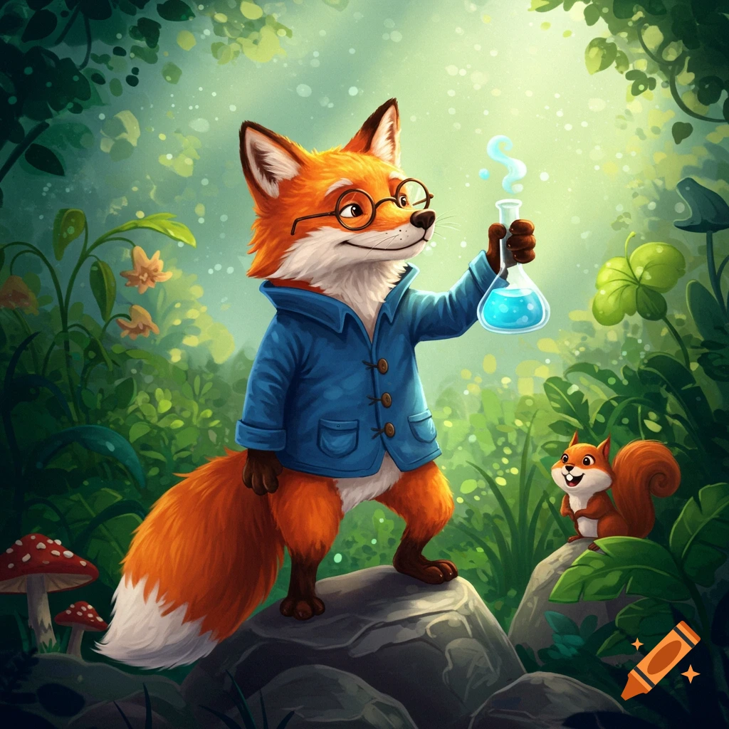 A friendly cartoon fox wearing glasses and a blue jacket stands on a rock in a forest, holding a bubbling blue test tube while a squirrel watches.
