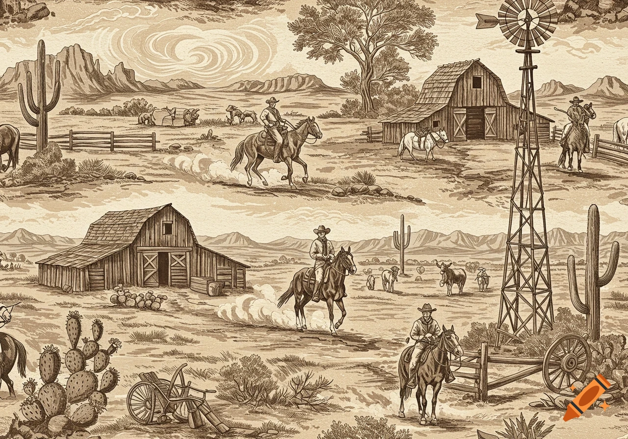 Monotone toile pattern depicting a Western landscape with cowboys on horseback, barns, windmills, and cacti.