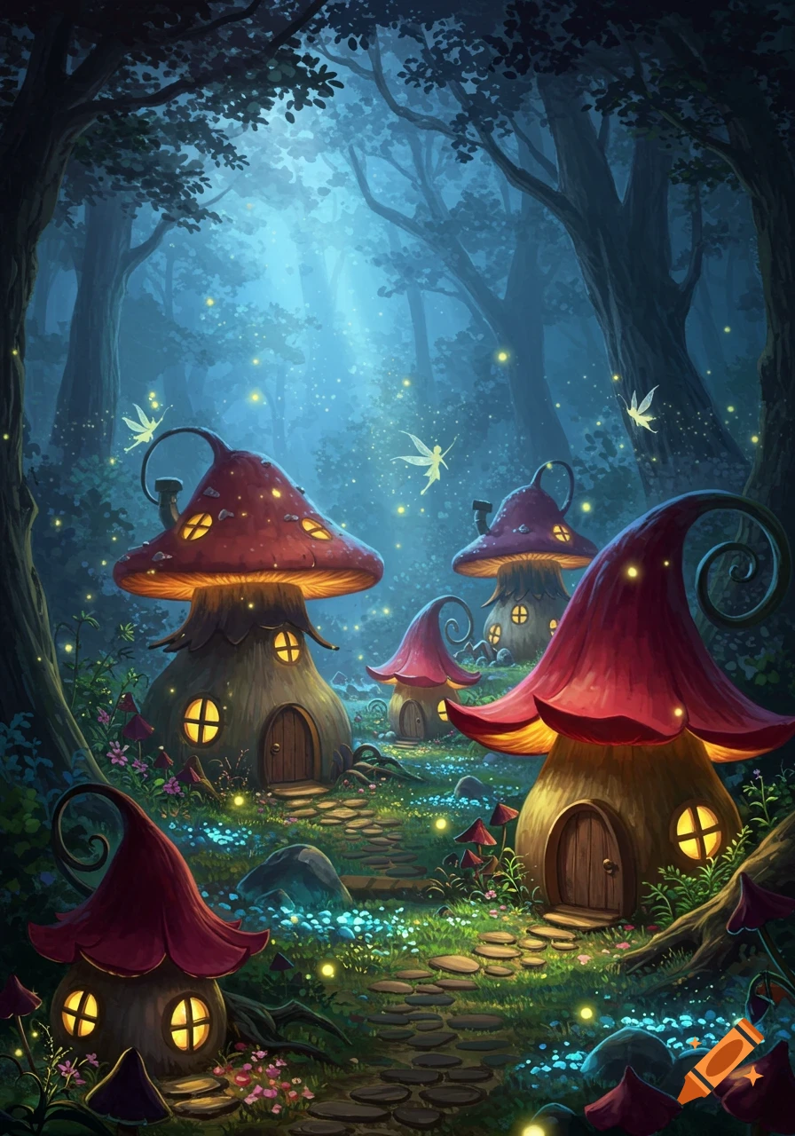 A magical forest scene with illuminated mushroom houses and glowing fairies amidst a path of stepping stones and colorful flowers.