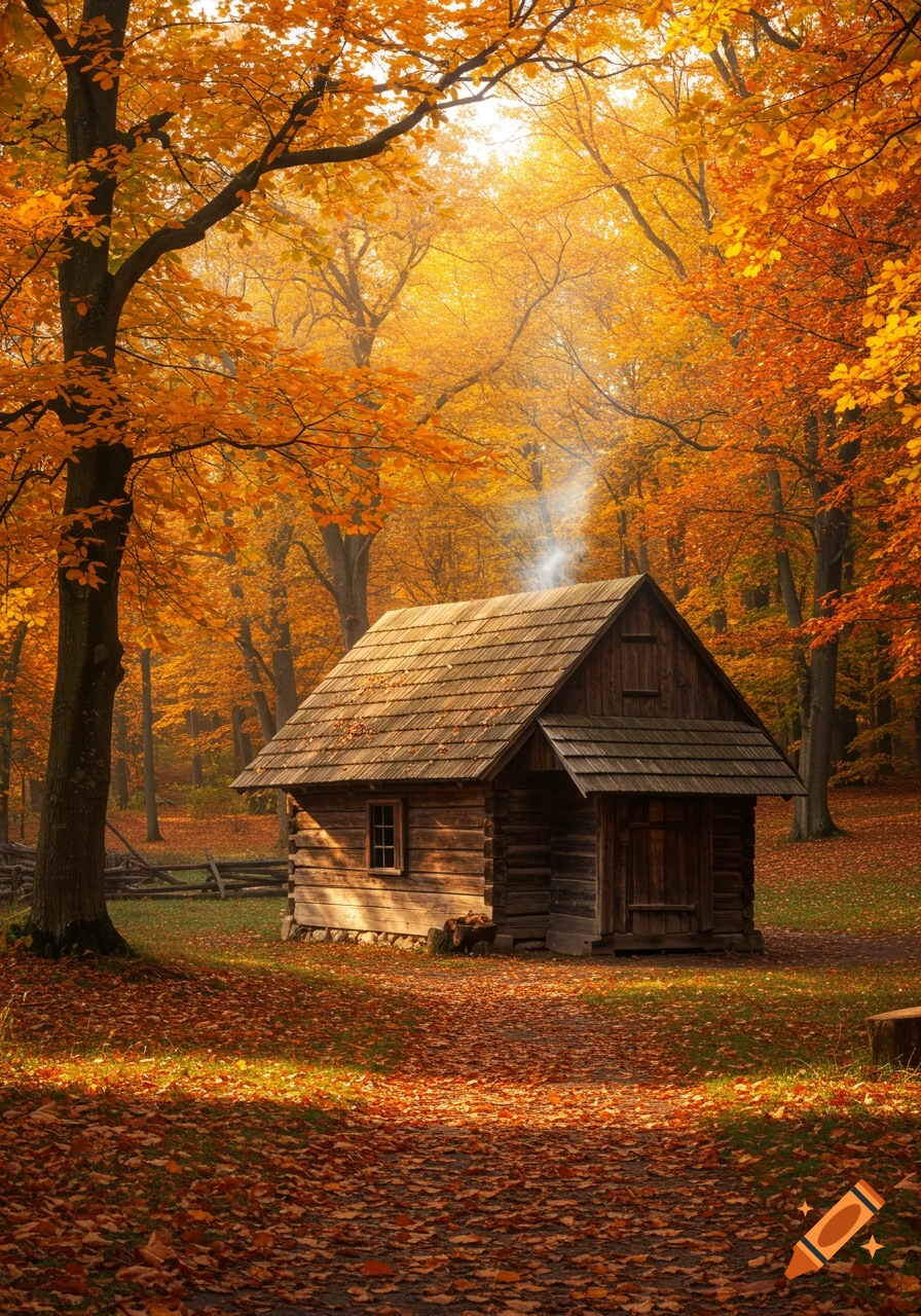 A cozy wooden cabin sits in an autumn forest with vibrant orange leaves covering the trees and ground, smoke rises from the chimney.