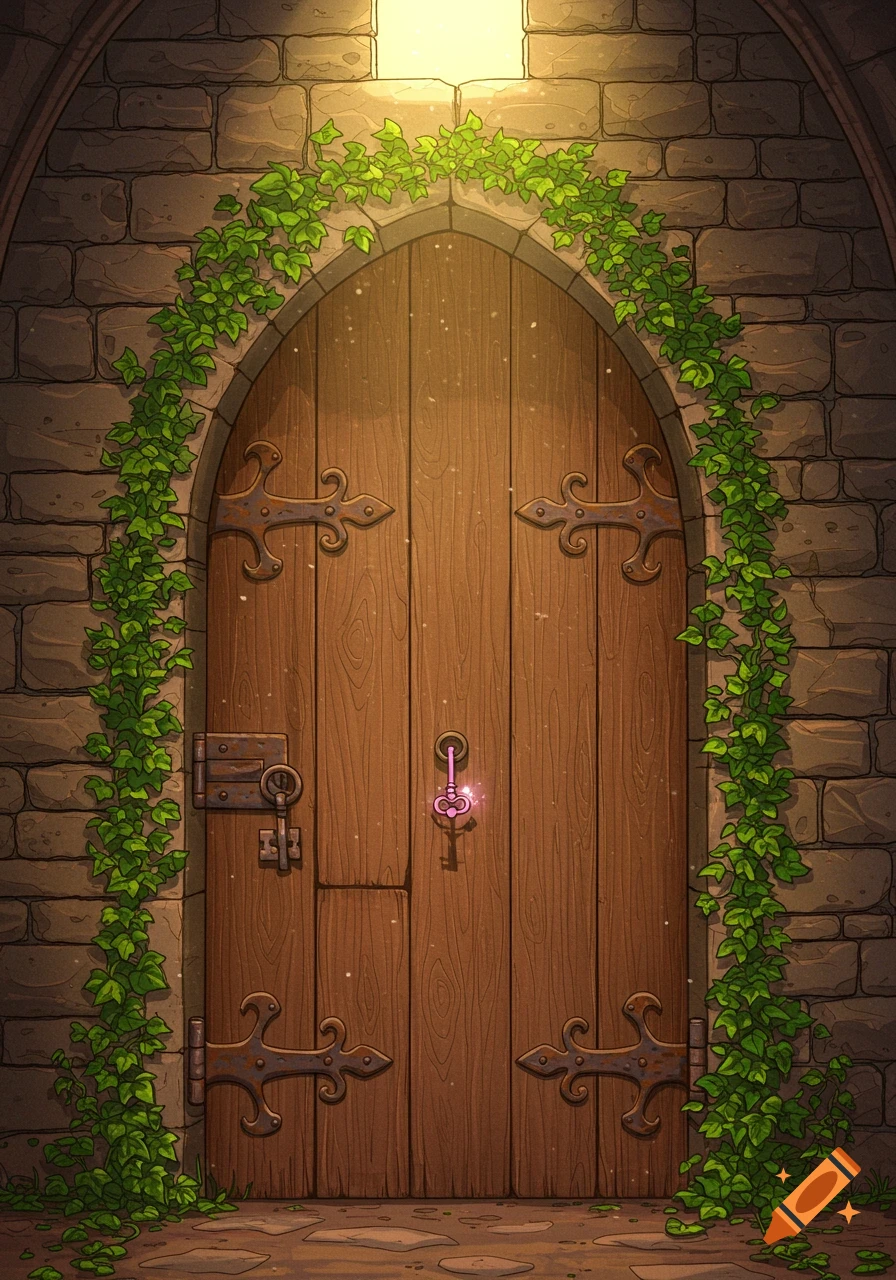 An illustrated old wooden door with rusted iron hinges in a stone archway, covered in ivy. Two keys hang, one glowing pink, under a beam of sunlight.