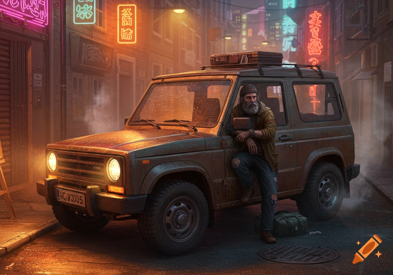 A grizzled man with a beard leans on a rusty 4x4 vehicle in a dark, neon-lit urban alley.