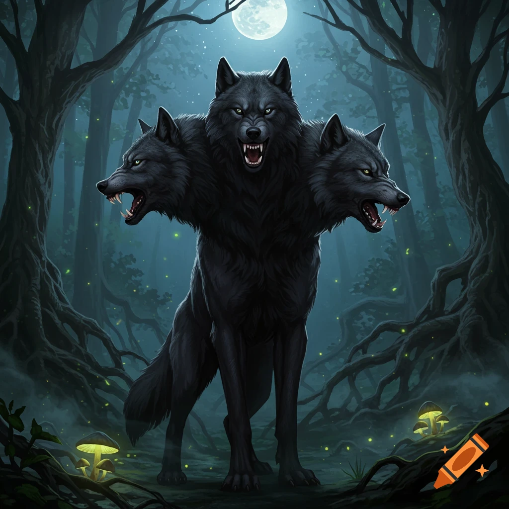 A fierce three-headed black wolf stands in a dark, moonlit forest with glowing mushrooms, in a fantasy art style.