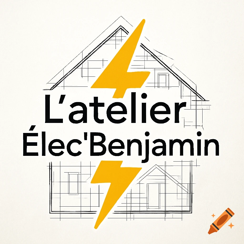 Logo featuring 'L'atelier Élec'Benjamin' in black text, two yellow lightning bolts, and a house blueprint sketch on a white background.