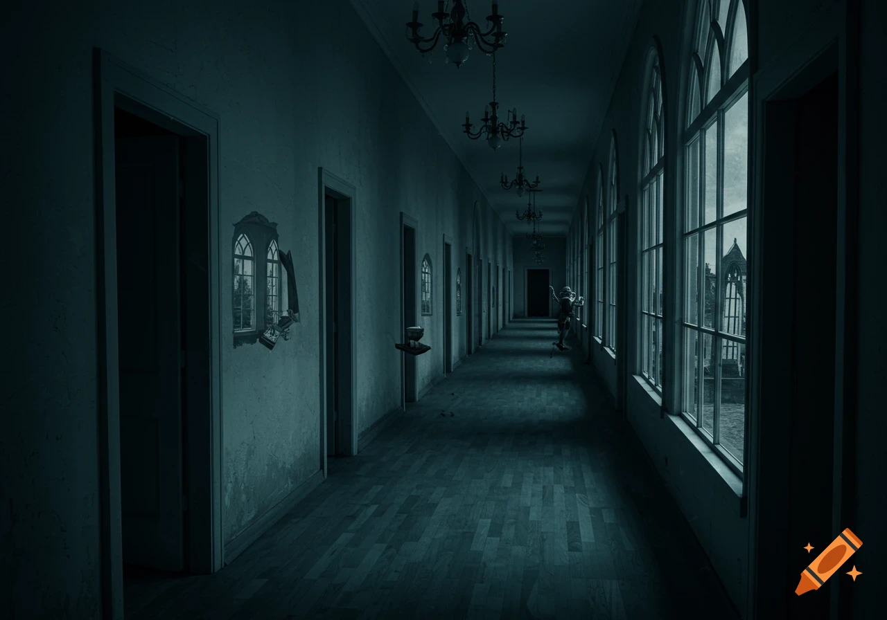 A long, dark, eerie hallway in a gothic building with arched windows, chandeliers, and a distorted, unsettling perspective.