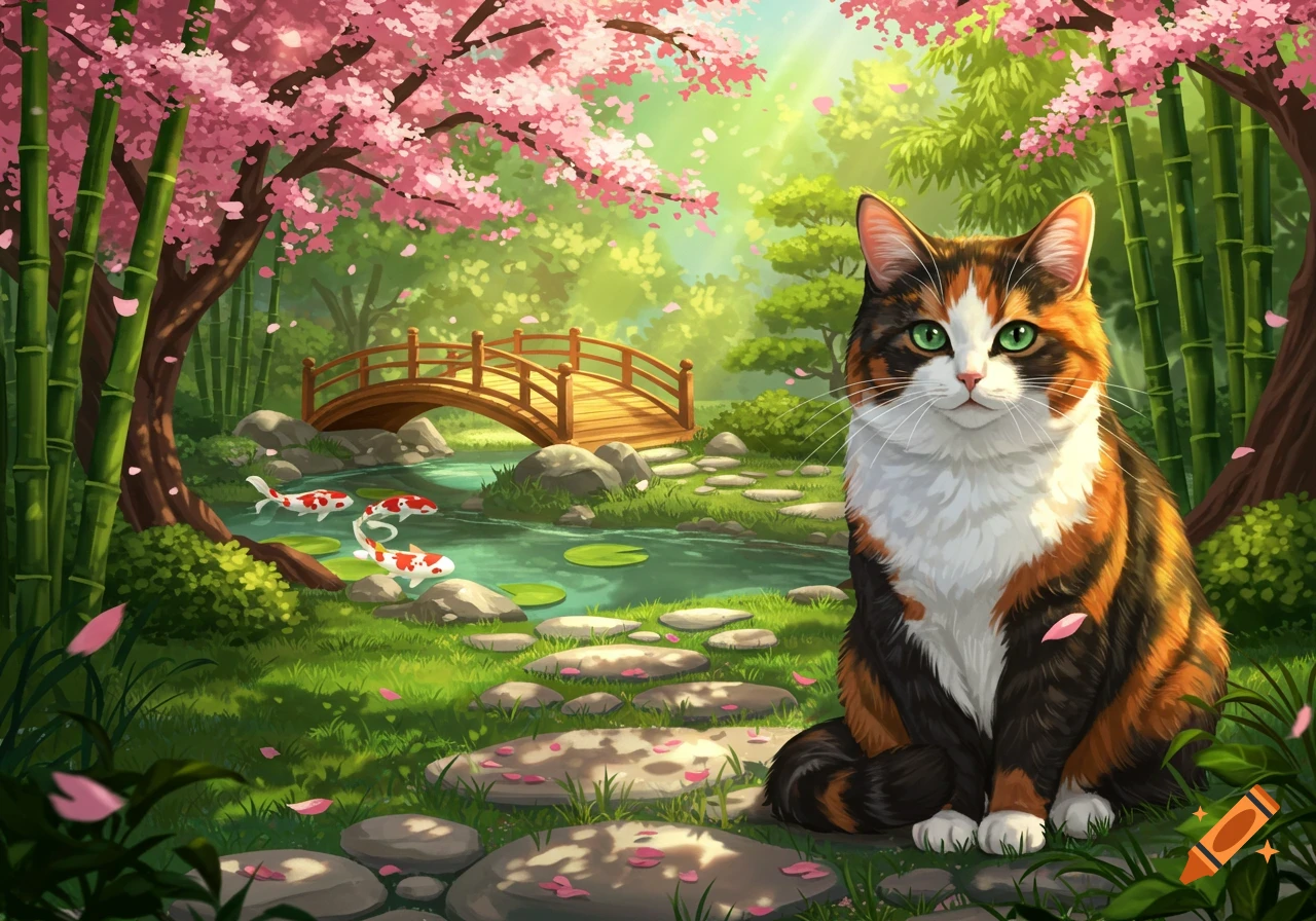 A calico cat sits in a vibrant Japanese garden with cherry blossoms, bamboo, koi fish, and a small bridge.