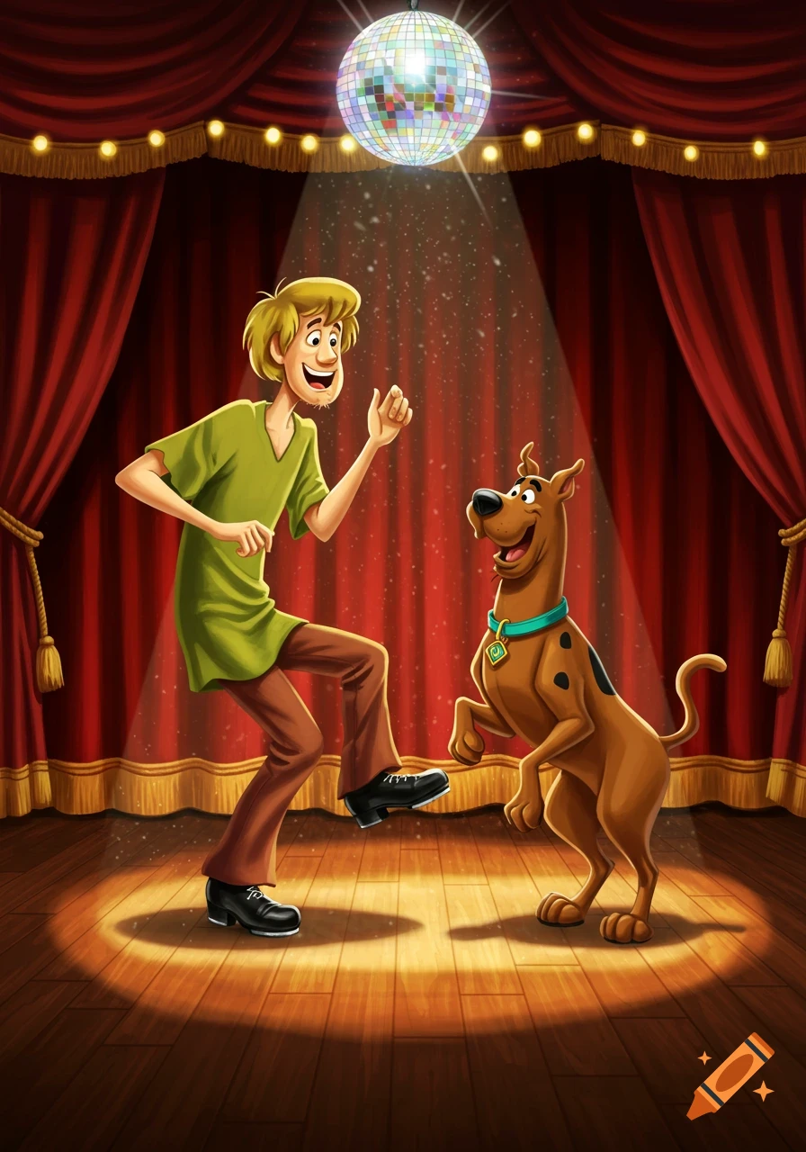 Shaggy and Scooby Doo tap dancing on a stage with a disco ball and red curtains.