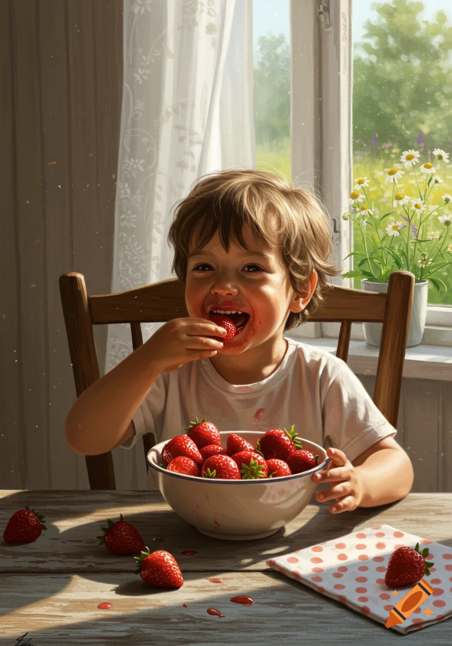 A joyful child with a strawberry-smeared face and shirt eats strawberries from a bowl at a sunlit table by a window.