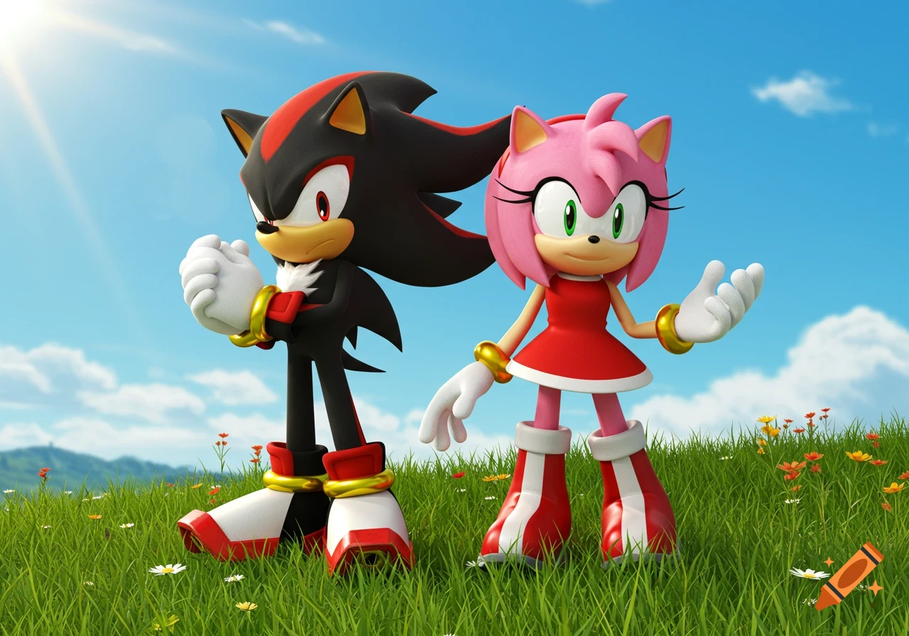 Shadow the Hedgehog and Amy Rose stand in a sunny, grassy field with wildflowers under a blue sky, rendered in a 3D animated style.
