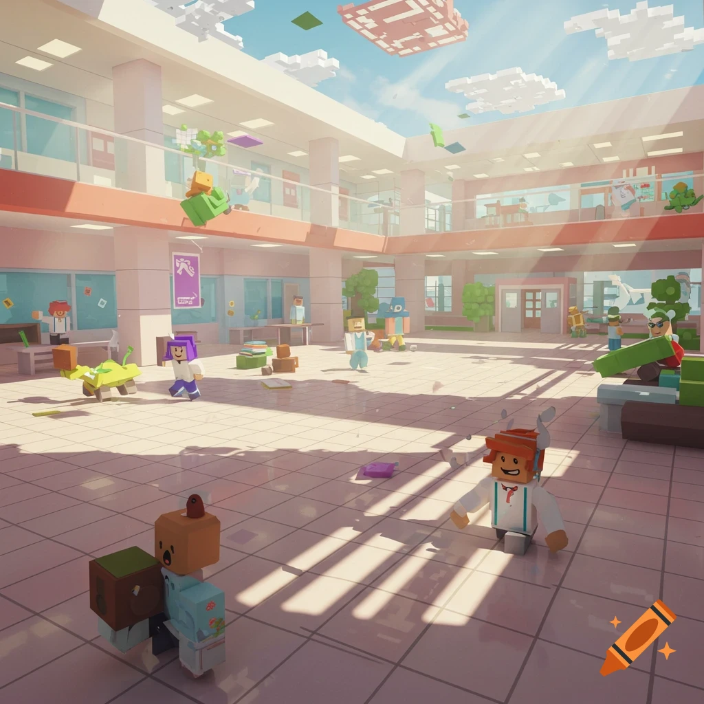Bright voxel art rendering of a bustling school atrium with blocky student characters and classrooms, in a video game style.