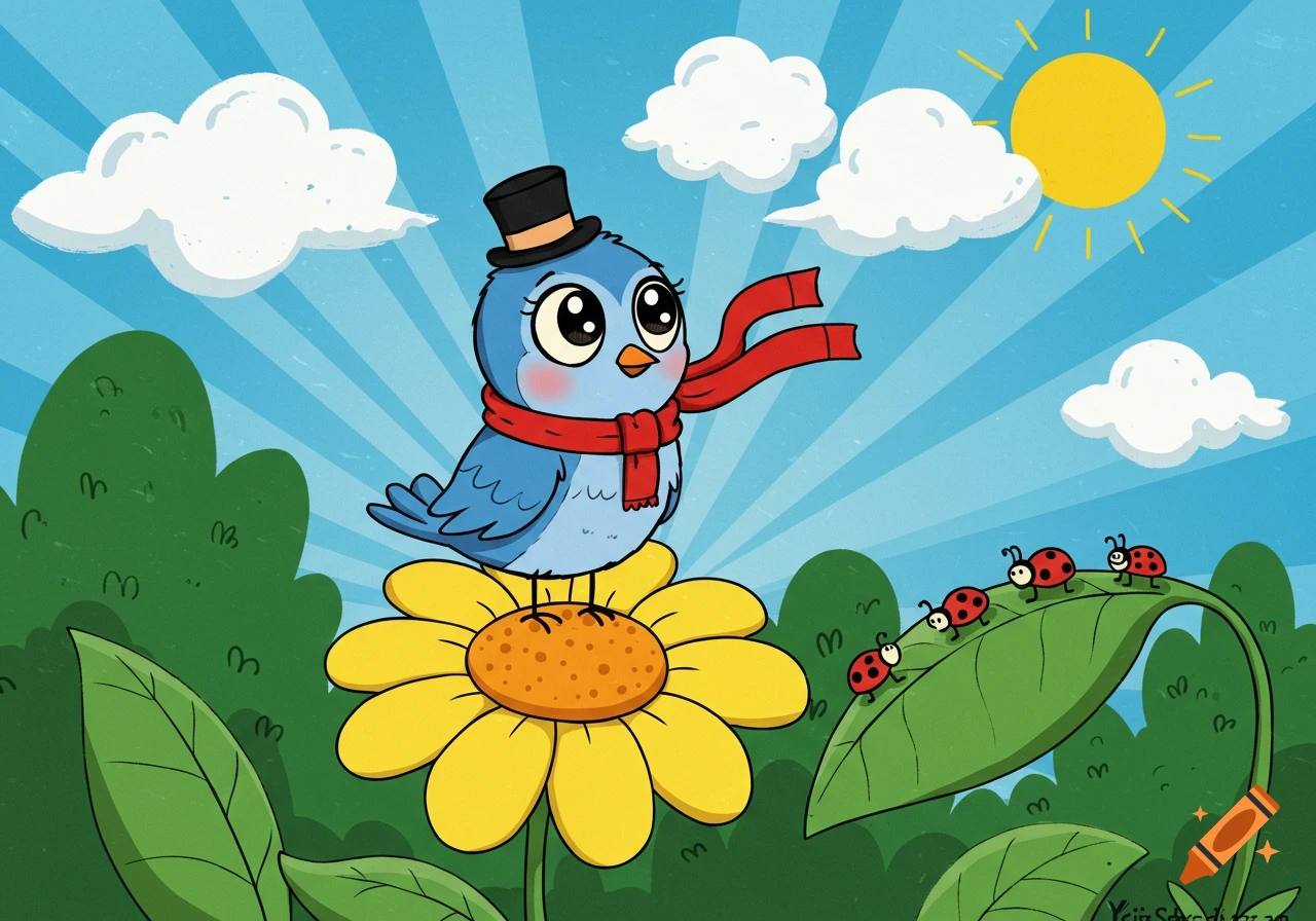 A cheerful cartoon blue bird wearing a top hat and red scarf stands on a yellow sunflower with ladybugs on a green leaf under a sunny blue sky.