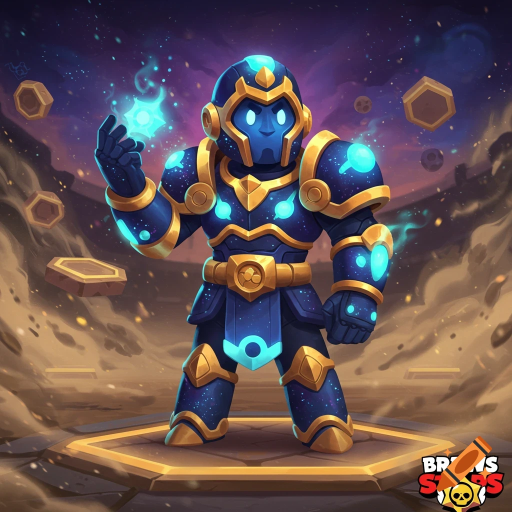 A cartoonish blue and gold cosmic-themed armored character stands on a platform, holding a glowing blue star in its hand.