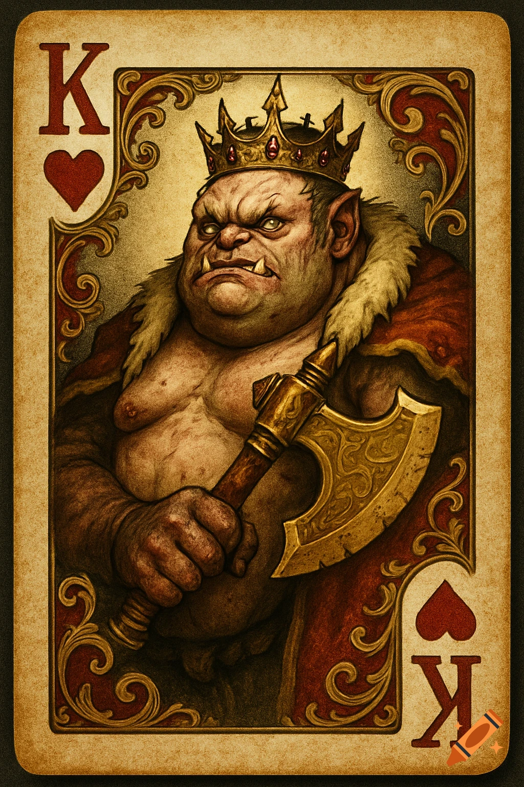 An illustration of a grotesque, green-skinned goblin king wearing a crown and fur-trimmed robes, holding a golden axe, depicted on a King of Hearts playing card.