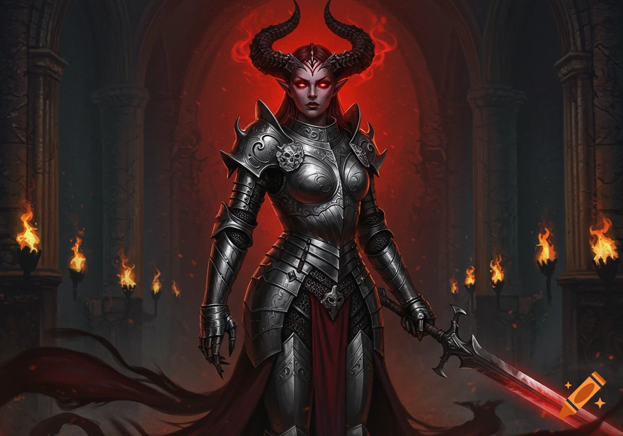 A formidable armored female demon with horns, red eyes, and a red cape stands in a dark gothic hall with a glowing red sword.