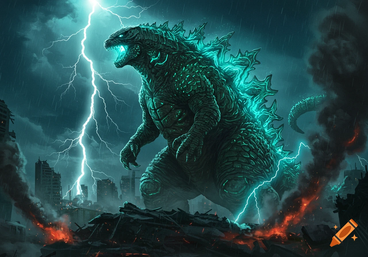 Godzilla roaring amidst a destroyed city under a stormy, lightning-filled sky with fires burning below.