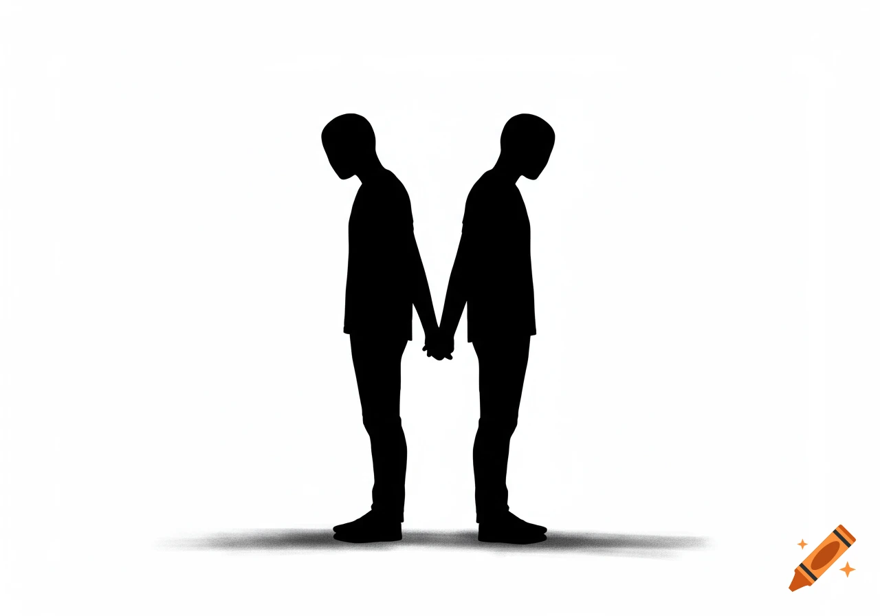 Black silhouettes of two people, backs turned, holding hands on a white background.