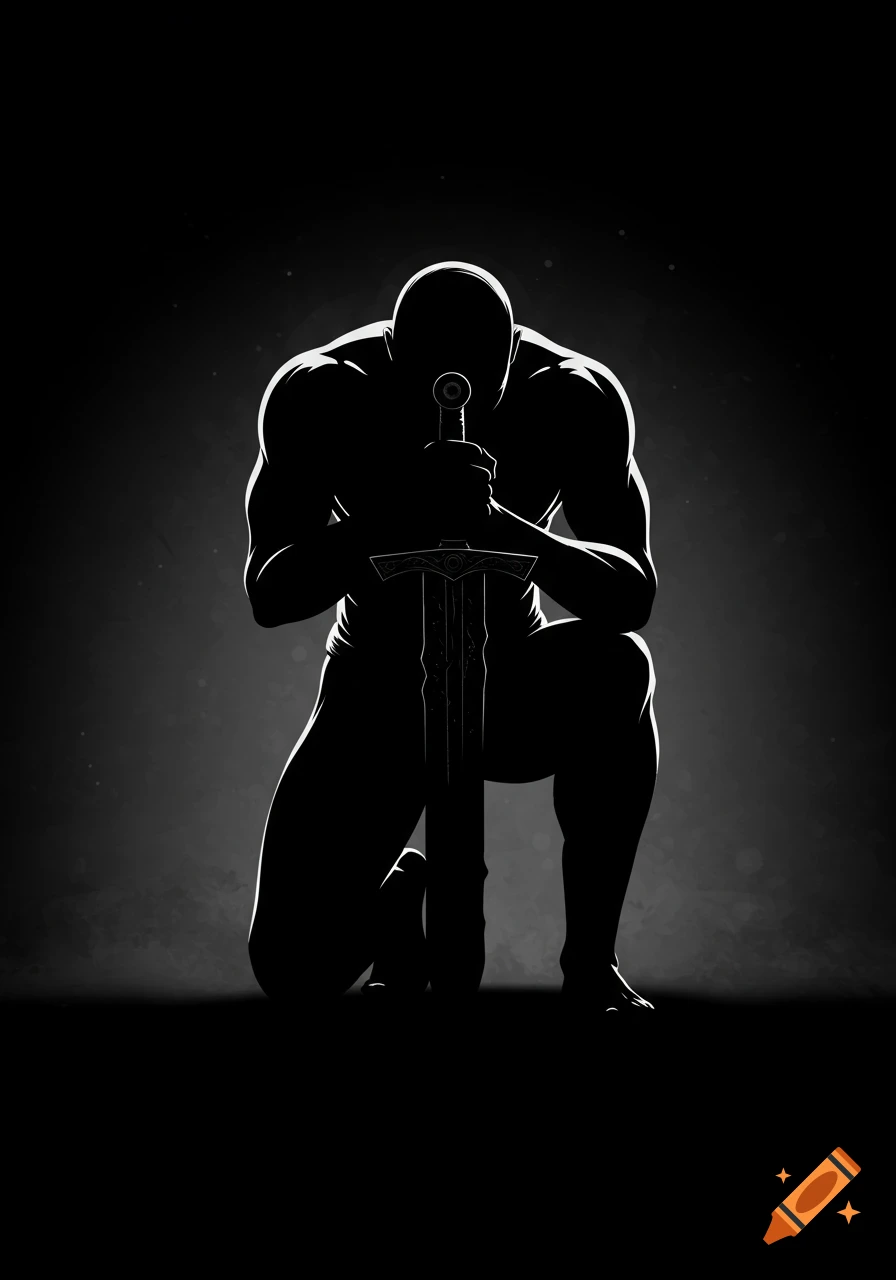 Silhouette of a muscled man kneeling with a large sword, in a dramatic black and white style.