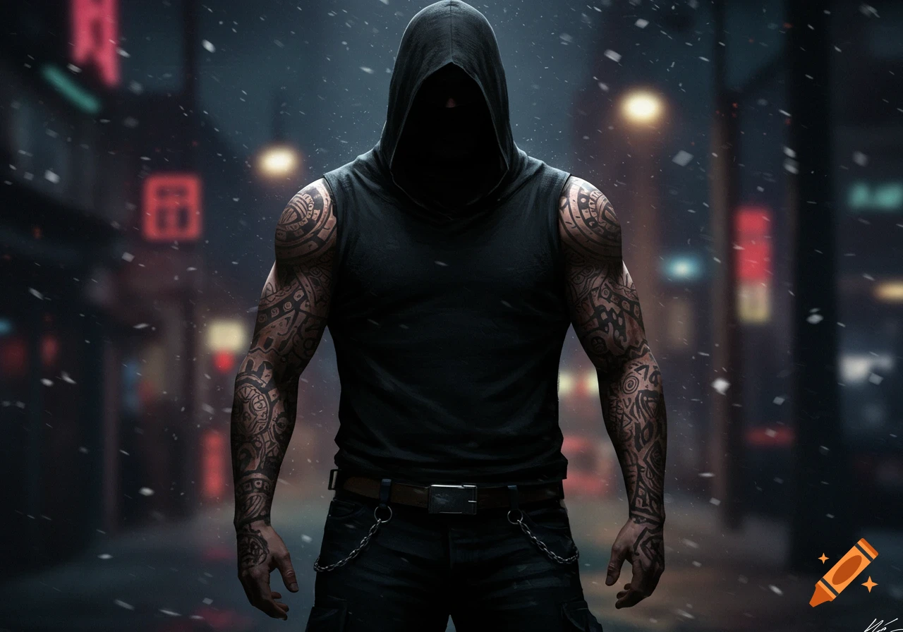 A hooded figure with tribal arm tattoos stands in a snowy, neon-lit urban street at night, looking mysterious and dark.