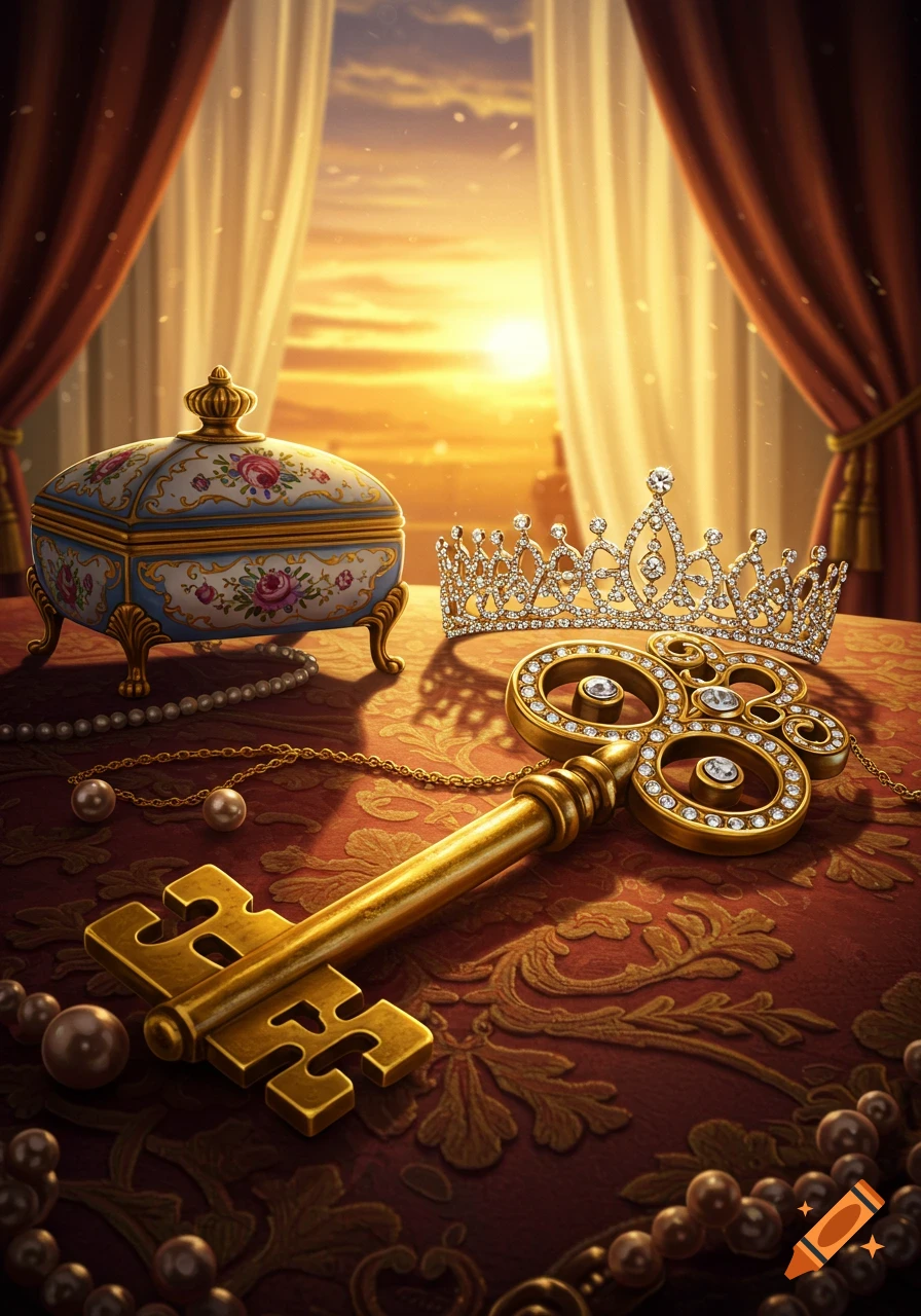 An ornate golden skeleton key adorned with diamonds, a decorative jewel box, a diamond crown, and pearls on a red patterned fabric, with a sunset view through a window.