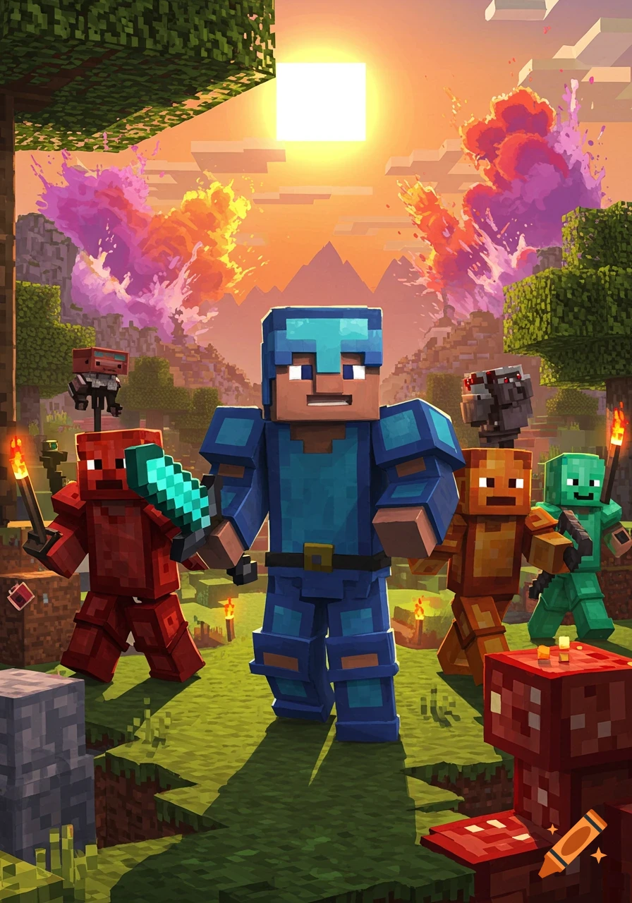 Minecraft characters in various armors and colors, including Steve, stand on blocky terrain at sunset with colorful explosions.