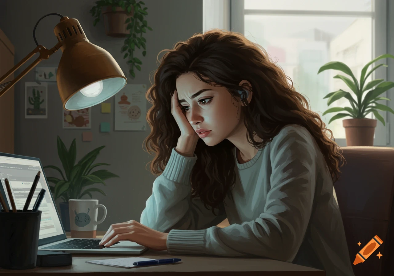 A stressed woman with curly dark hair sits at a desk, illuminated by a lamp, looking intently at her laptop in a digital painting style.