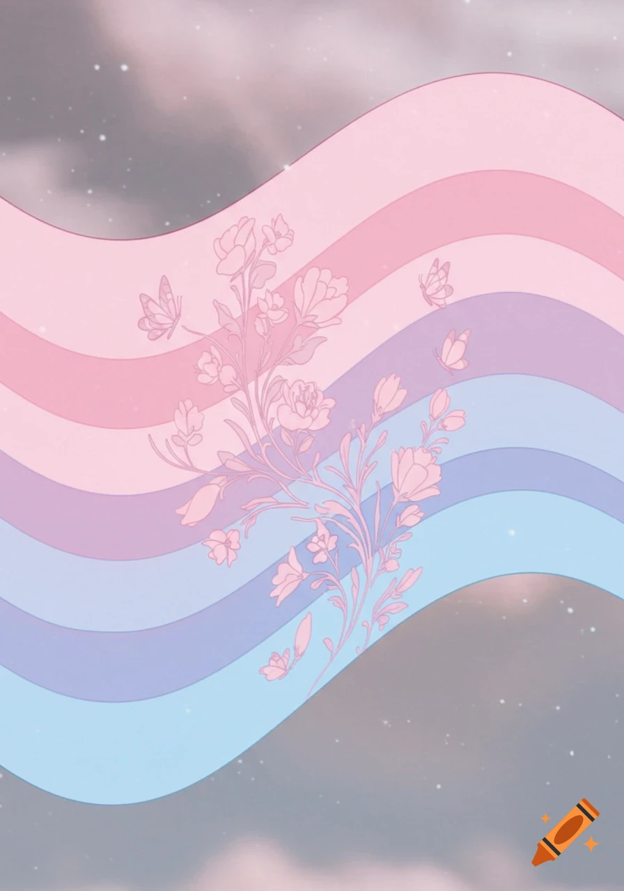 Wavy pastel pink, purple, and blue stripes with outlined flowers and butterflies on a soft, cloudy background.