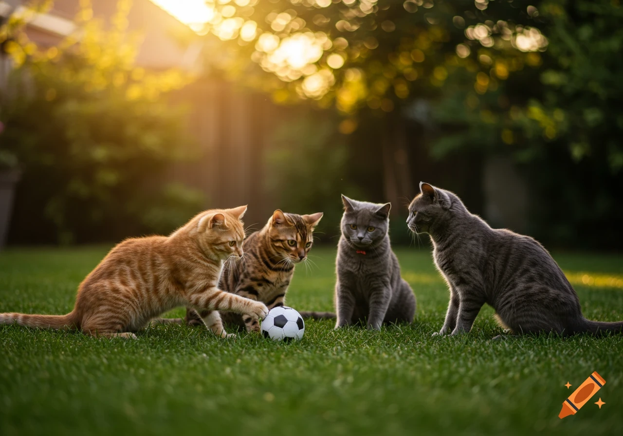 An orange cat plays with a mini soccer ball while three other cats, a tabby and two grey, watch on a grassy lawn at sunset.
