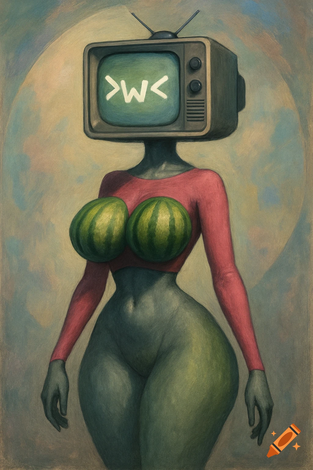 A surreal artwork depicts a gray-skinned woman with a TV head displaying '> W <', a pink long-sleeve top, and watermelons as breasts, against a light background.