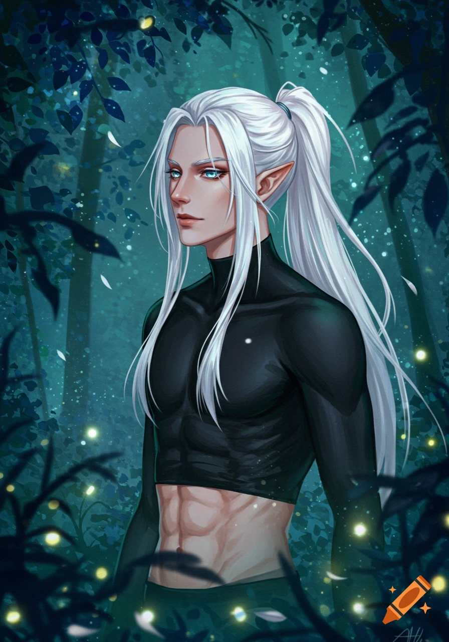 Anime male elf with long white hair in a ponytail wearing a black crop top, standing in a glowing dark forest.