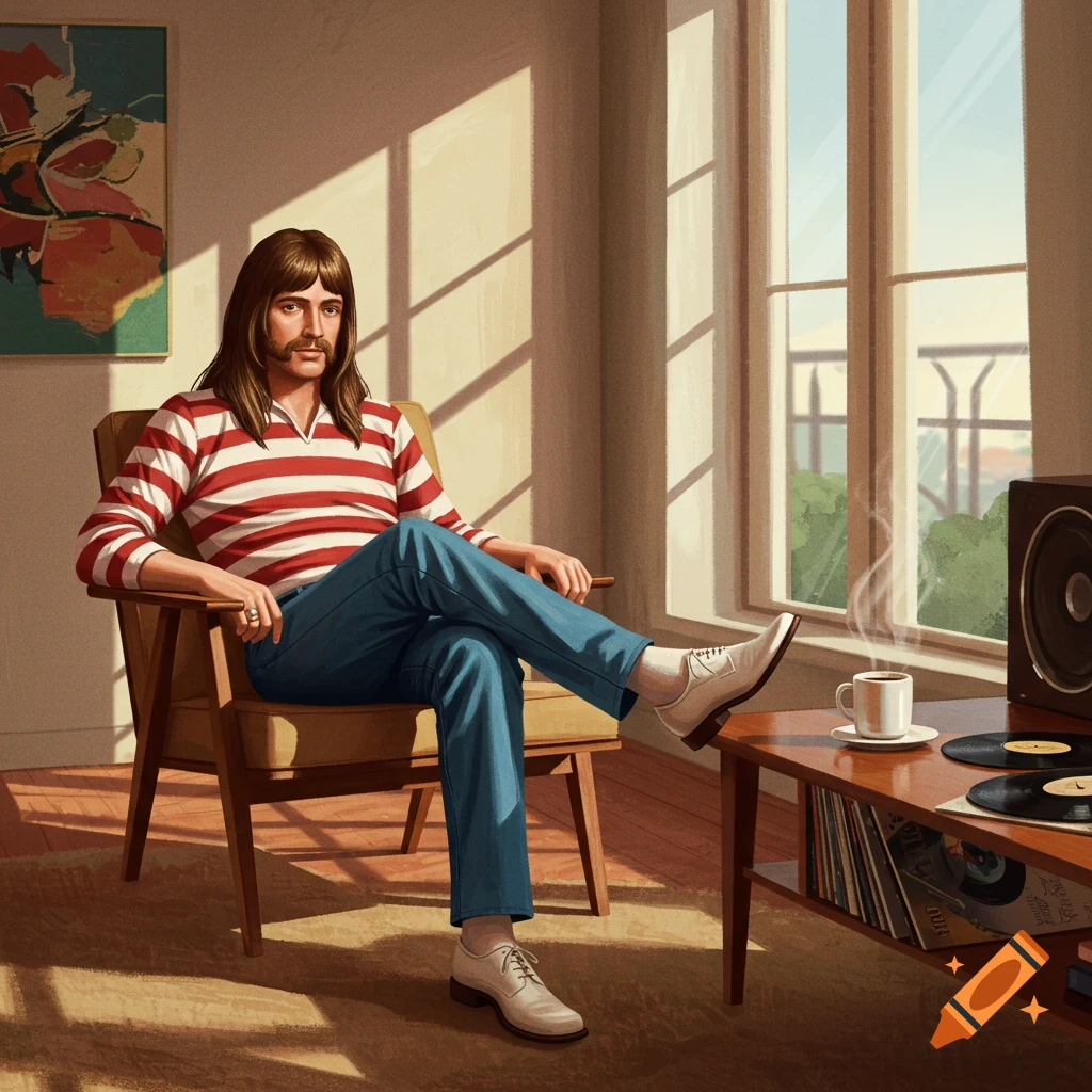 An illustrated man with a mullet and mustache sits in a sunlit room by a window, with records and coffee nearby.
