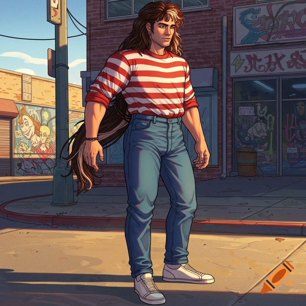A man with a long mullet, wearing a red and white striped shirt, blue jeans, and white sneakers, stands on a sunny city street.