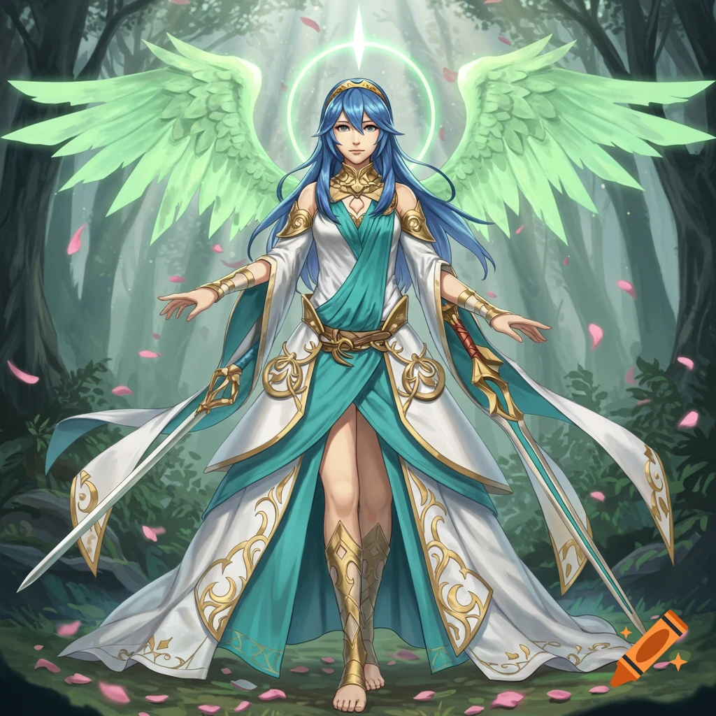 An anime-style female warrior with blue hair, green wings, and a halo, standing in a forest with pink petals, wearing a white and teal dress and holding swords.