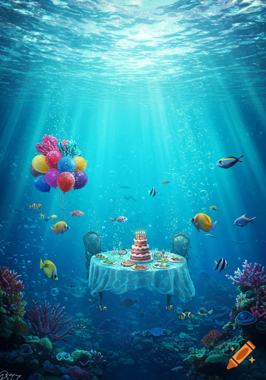 An underwater birthday party with a decorated table, cake, balloons, and various fish swimming around coral reefs.