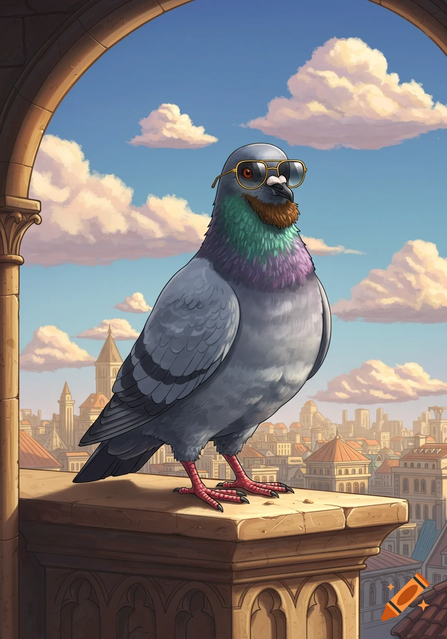 A cartoon pigeon with a brown beard and black sunglasses perches on a stone balcony overlooking a European-style city.