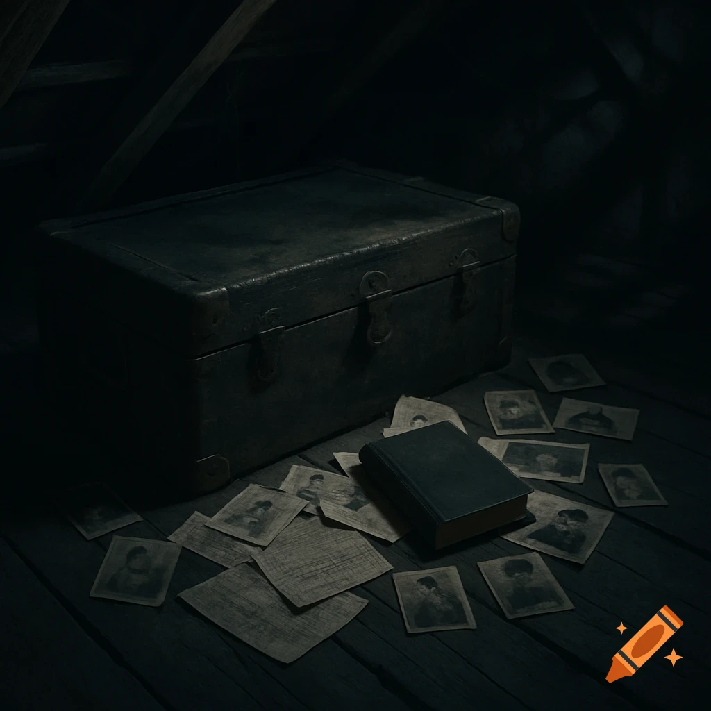 A dark, moody attic scene with a dusty trunk, scattered old photographs and papers, and a small black journal on wooden floorboards.