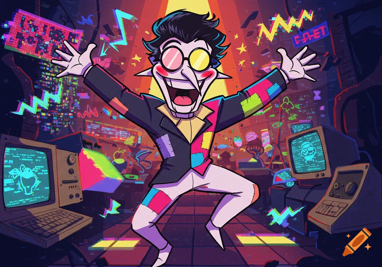 Spamton G. Spamton, a stylized cartoon character with an eccentric smile and circular glasses, in a vibrant, neon-lit digital cityscape with glitch effects.