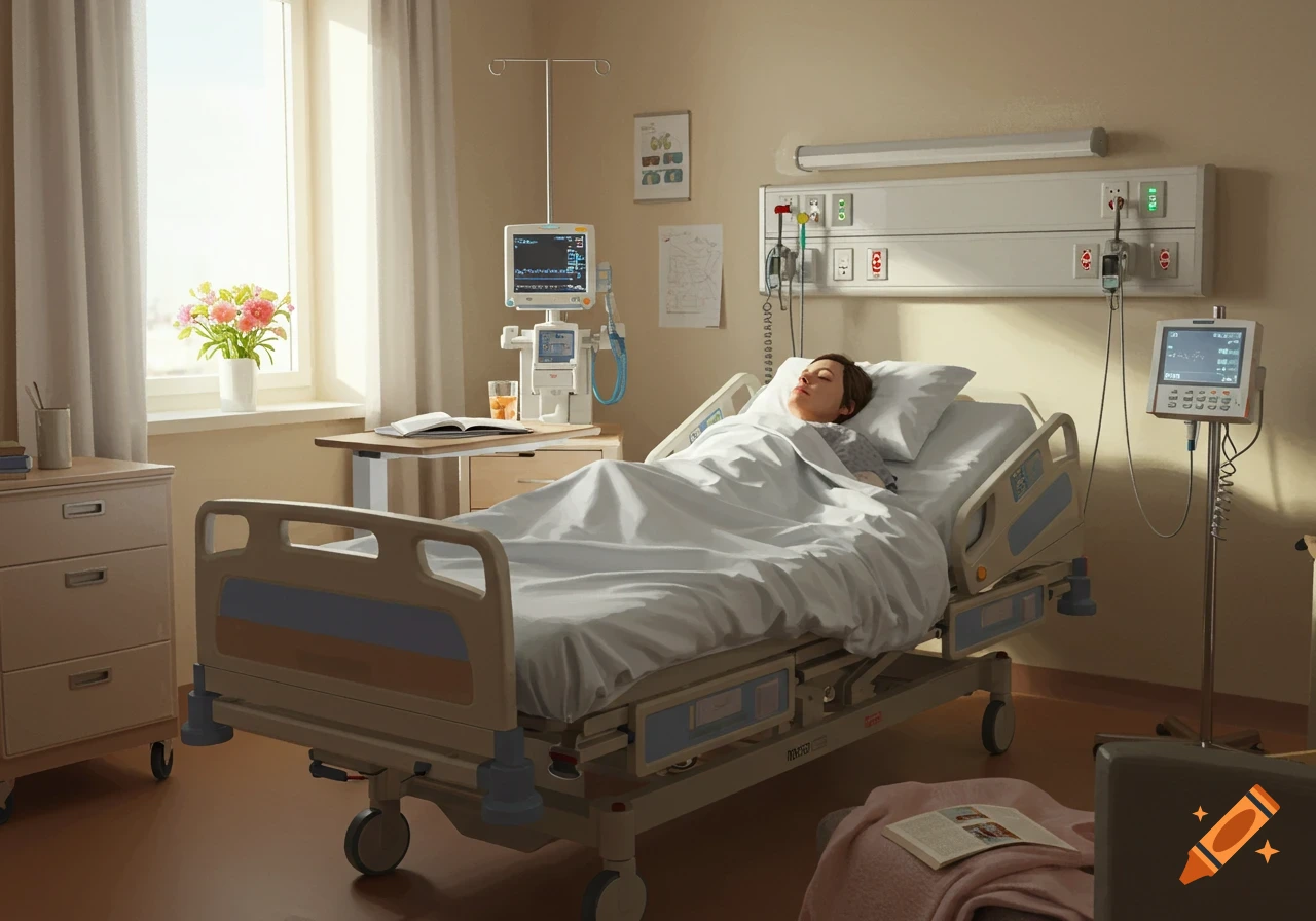 A person sleeps peacefully in a well-lit hospital room, with medical equipment, a window, and a vase of flowers nearby.