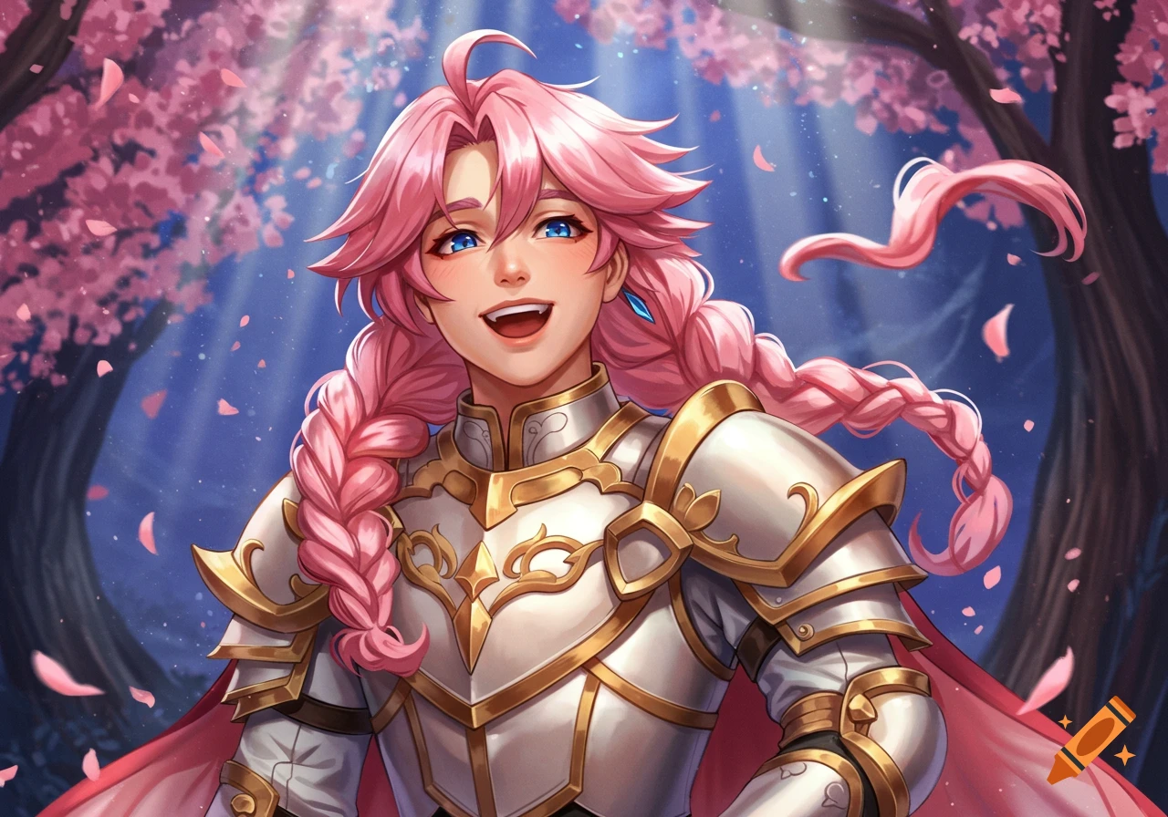 An anime-style character with pink braided hair and white-gold armor smiles happily under falling pink cherry blossoms.